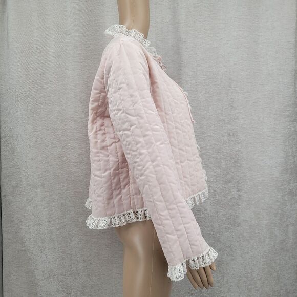 Barbizon Vintage Satin Serene Nylon Pink Quilted Jacket with Cream Lace Trim - Picture 7 of 12